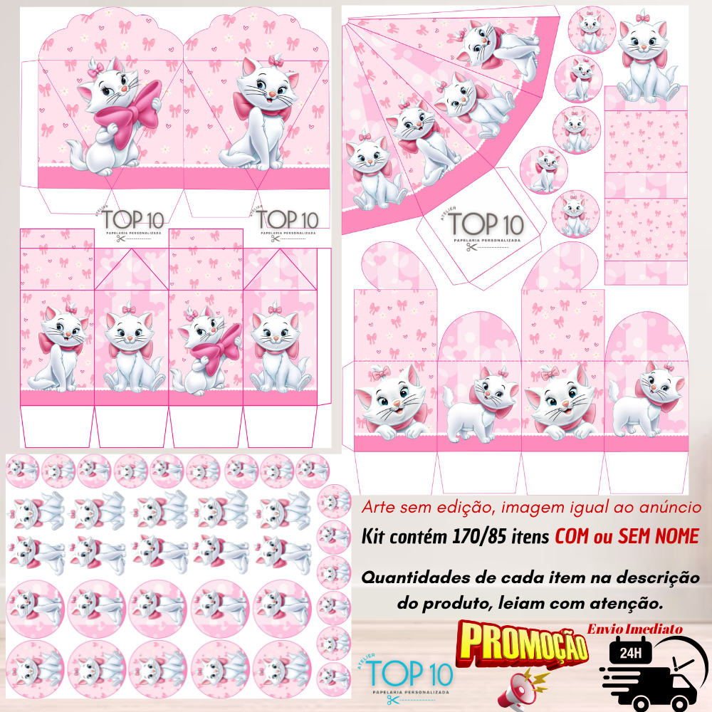 Kit de Lembrancinhas Personalizadas com 170/85 itens  TEMA: GATA MARIE - Envio rápido em Oferta na Shopee
