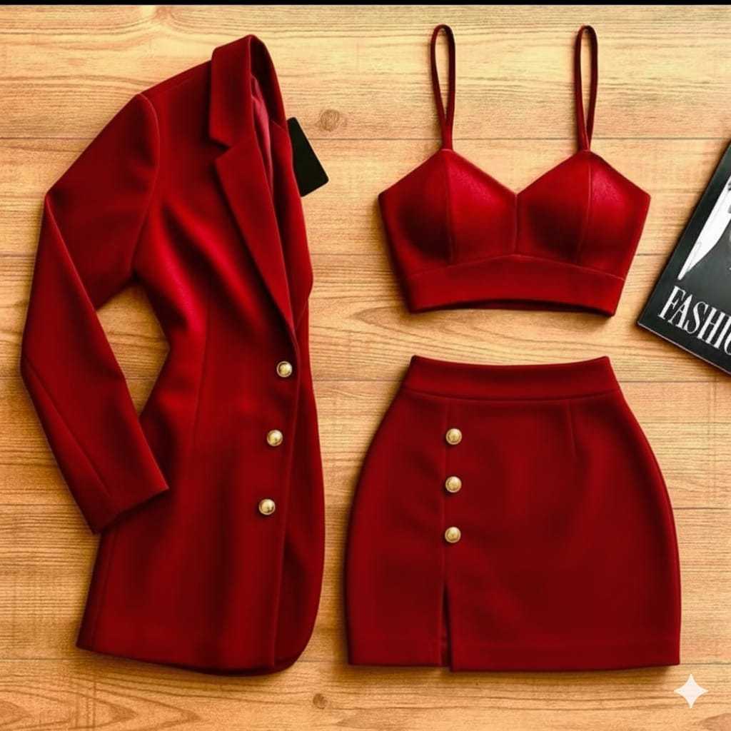 Conjunto Social Feminino 3 Peças Blazer + Cropped + Short Saia Com Detalhes no Trinjunto