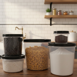 Jogo De Potes Mantimentos Organizador Cozinha Lavanderia Com 5 peças Plástico Resistente Preto em Oferta na Shopee