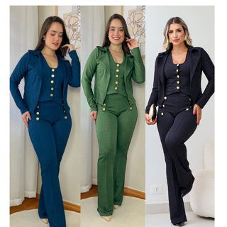 Conjunto Feminino 3 Pecas Blazer,Cropped e Calça no Tecido Jacquard em Oferta na Shopee