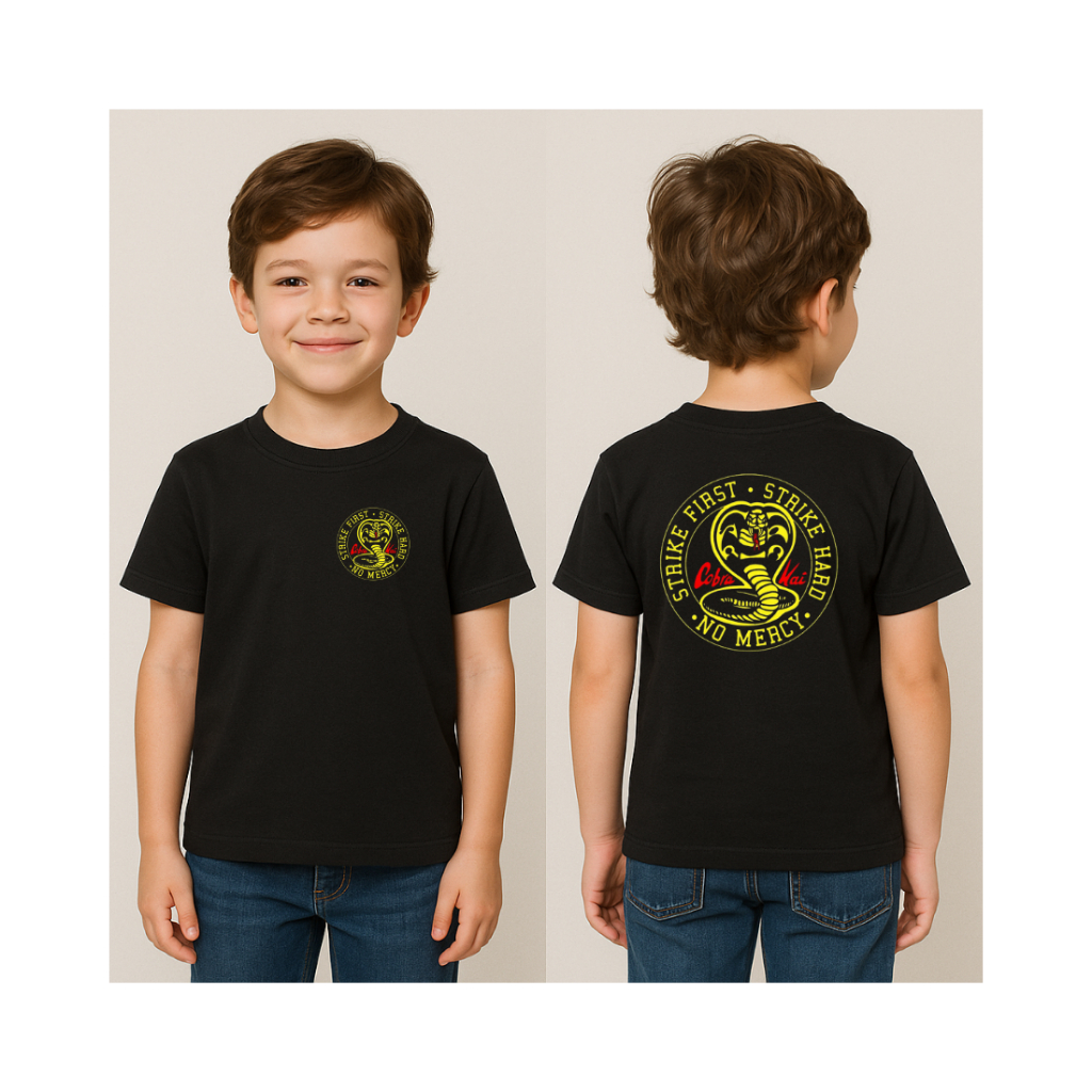 Camiseta Blusa Infantil Serie  Cobra Kai – Strike First, Strike Hard, No Mercy!