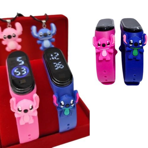 Kit Relógio Infantil Digital Led Prova água 3D Disney Lilo e Stitch Rosa azul Barato