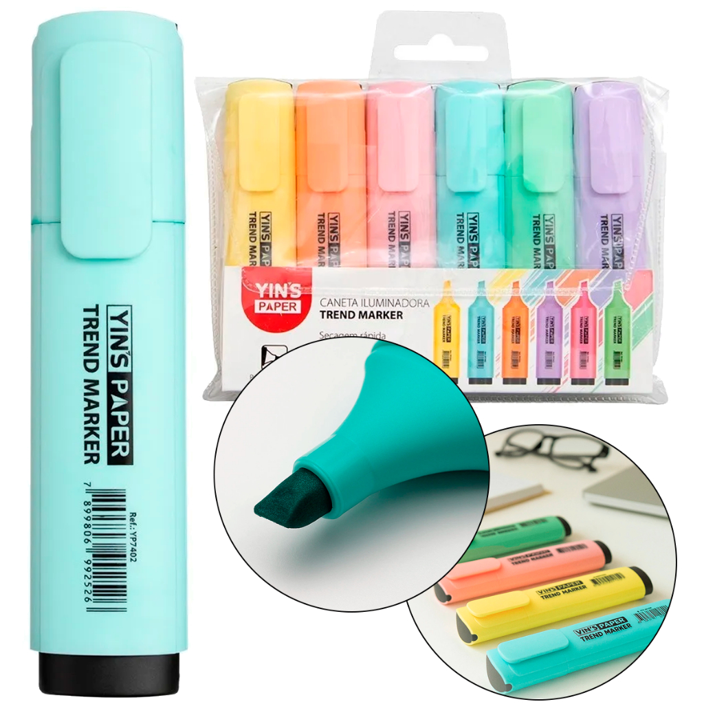 Kit Marca Texto Caneta 6 Cores Pastéis Yins Paper