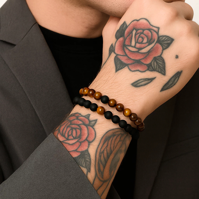 Kit 2 Pulseiras Olho de Tigre e Bolinha Preta Fosca 8mm Pedras Naturais Masculinas e Femininas