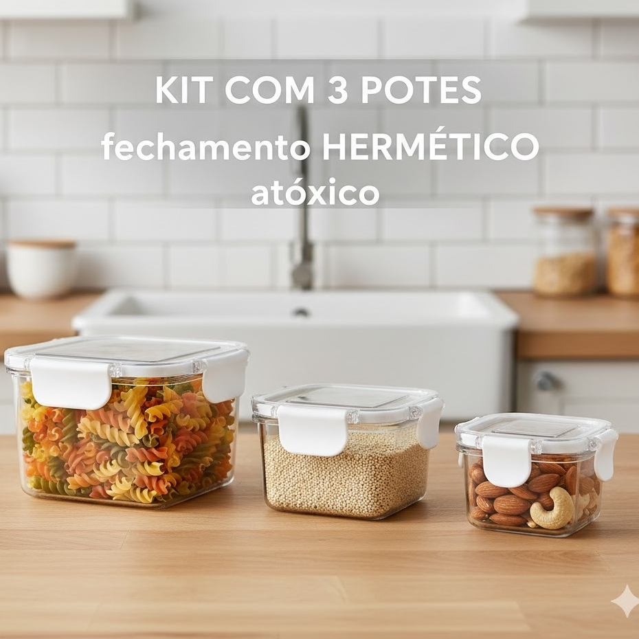 Kit 3 Pote Transparente para Cozinha Hermético com Tampa Mantimentos Marmita Cereais Empilhável