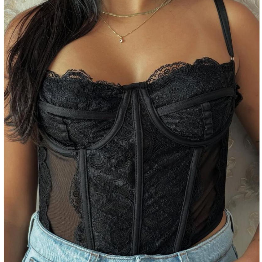 Corselet Feminino Corset Regulagem Alcinha com Renda Versátil Top Blusa