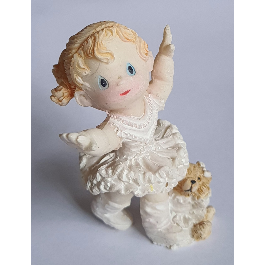 Bibelô, Estatueta de Menina Bailarina Fofa de Vestido Branco em Resina 7cm (Antiguidade)