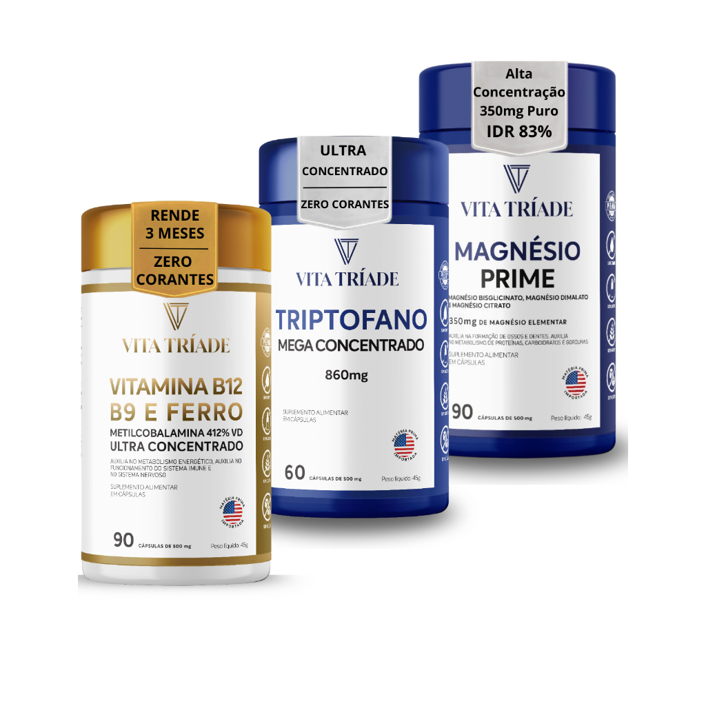 Vitamina b12 b9 e Ferro + Triptofano 860mg + Magnésio 350mg kit 3x - Imunidade, energia e bem-estar