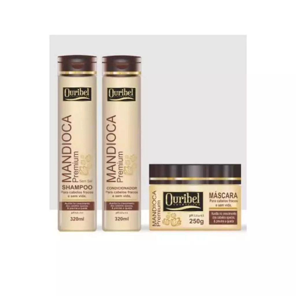 KIT DE SHAMPOO + CONDICIONADO 320 ML  E MÁSCARA DE HIDRATAÇÃO 250 ML DE  MANDIOCA PREMIUM OURIBEL