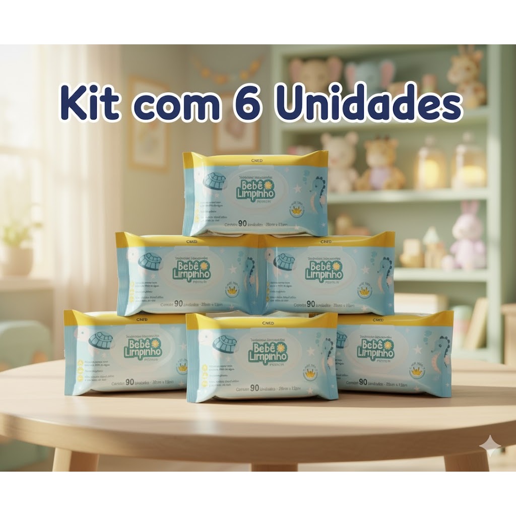 Kit 6 Pacotes Lenços Toalha Umedecidas Bebê Limpinho Premium Cimed 90 Unid