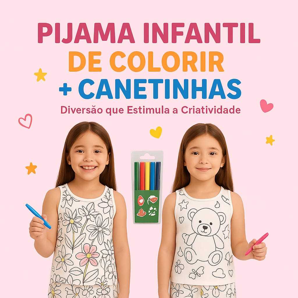 PIJAMA INFANTIL SEM MANGA COM CANETINHA LAVÁVEL KIT PARA COLORIR DIVERTIDO ESTAMPADO PERSONAGENS