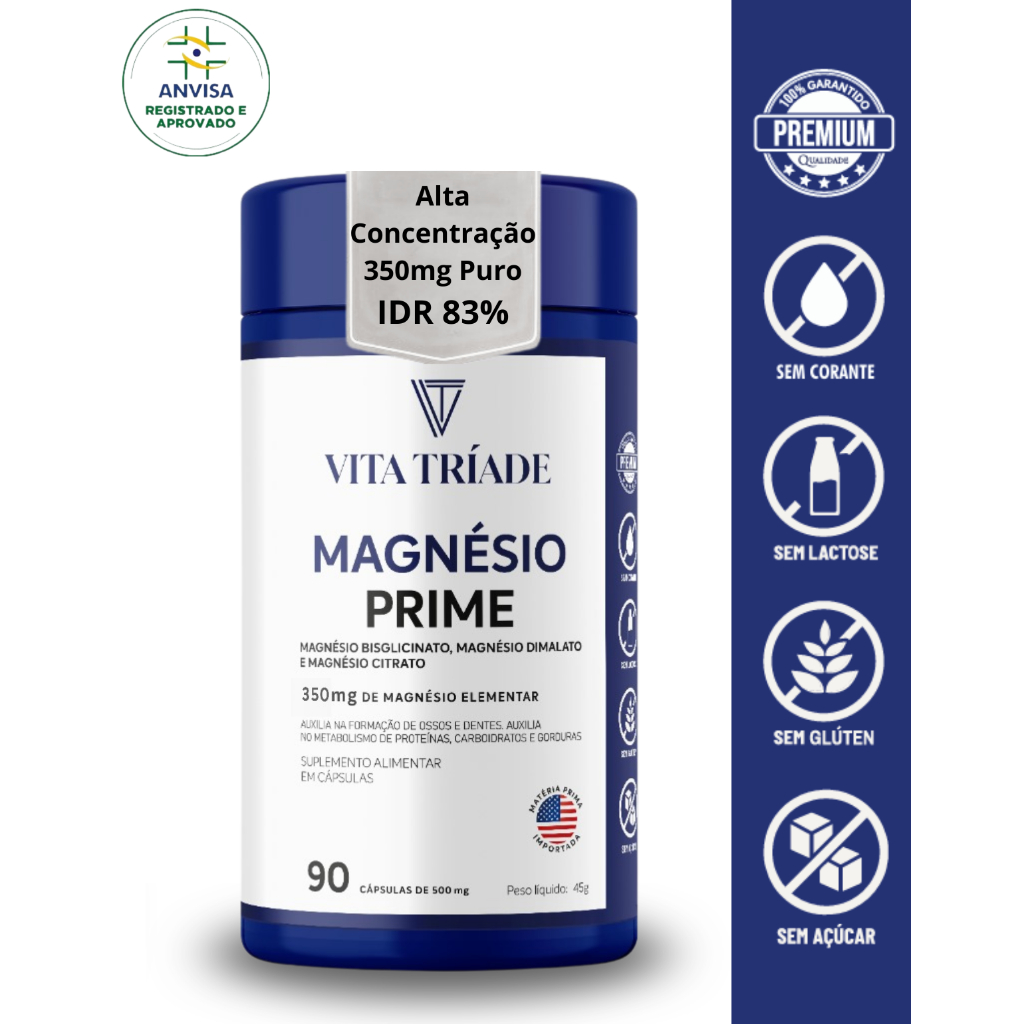 Magnésio Bisglicinato, Dimalato, Citrato - 350mg Concentrado - 90 Cápsulas %VD 83% Vita Tríade