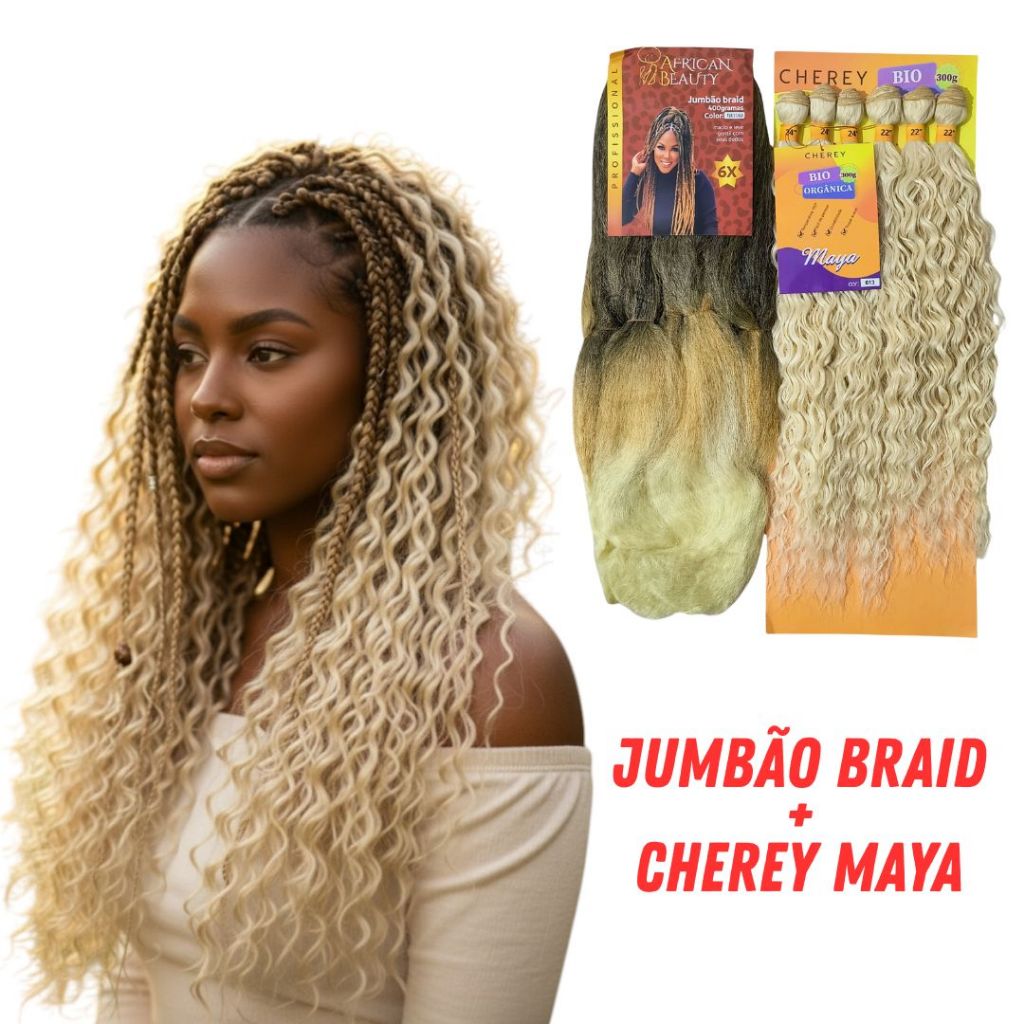 KIT Tranças - 1 Jumbo 400g Cor T1B/27/613 + 1 Cabelo Cacheado Cherey Maya Cor 613 - ENVIO IMEDIATO