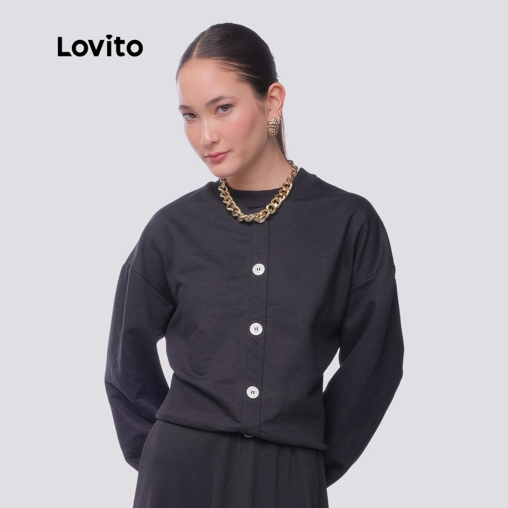 Lovito Moletom Manga Longa Casual com Botões Feminino LB443BRL472 em Oferta na Shopee