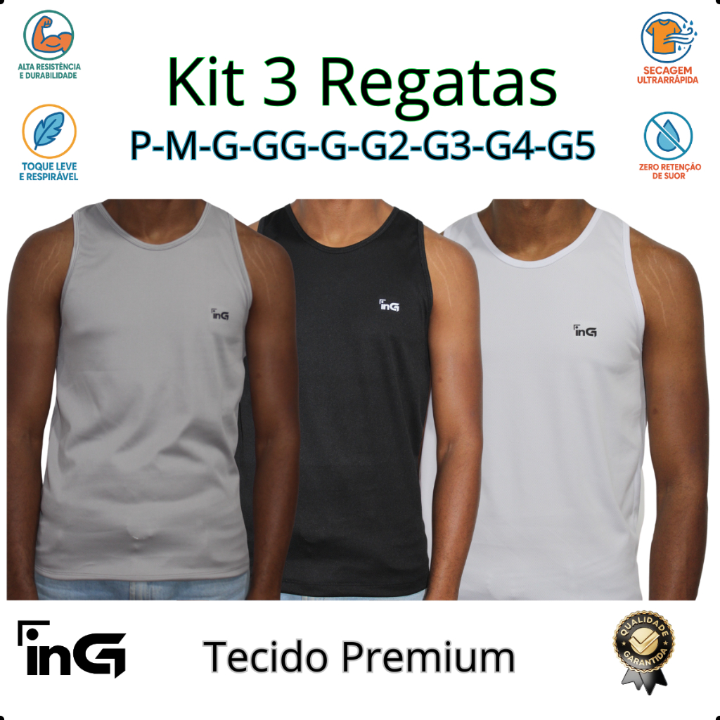 Kit com 3 Peças! P ao G5 Regata Masculina Dry Fit inG | Super Leve, Seca Rápido e Valoriza o Shape em Oferta na Shopee