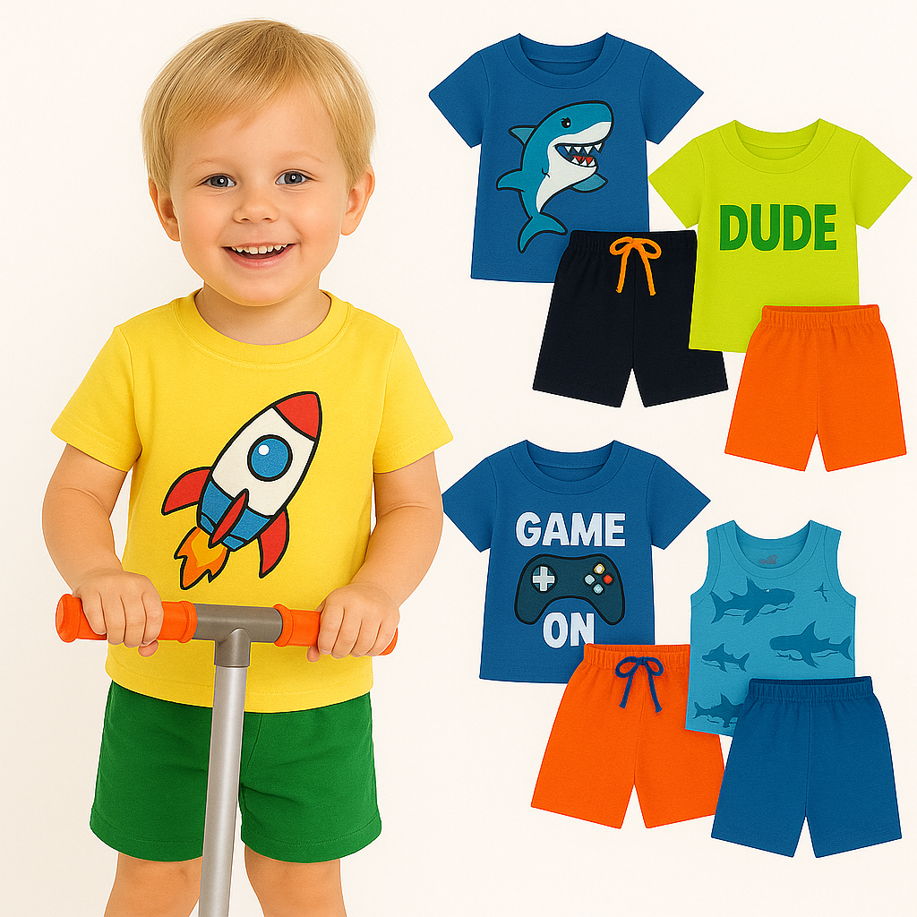 Kit 2 ou 6 Peças de Roupa de Verão Infantil menino Conjunto Infantil Menino Manga Curta e Shorts Conjunto de Bebê Verão