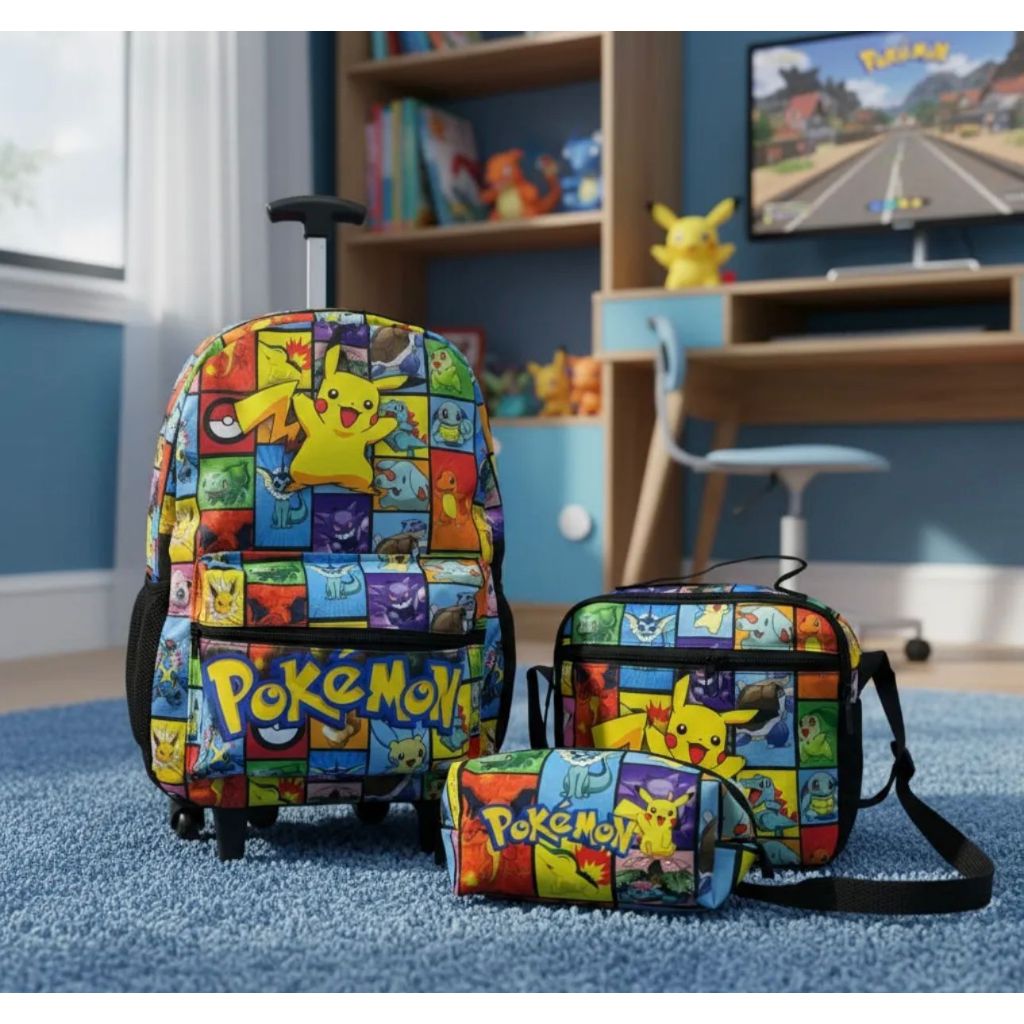 Kit rodinha mochila escolar juvenil Pokémon Pikachu tamanho grande envio rápido mochila lancheira e estojo