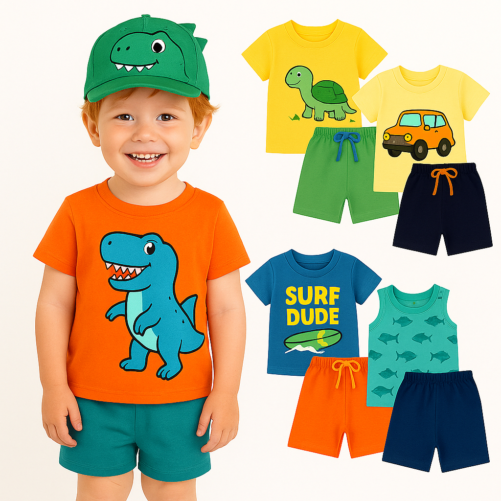 kit 4 peças de Roupa Infantil Masculino Verão -Conjunto Infantil Menino - 2 Camisa e 2 Bermuda - Sortidos
