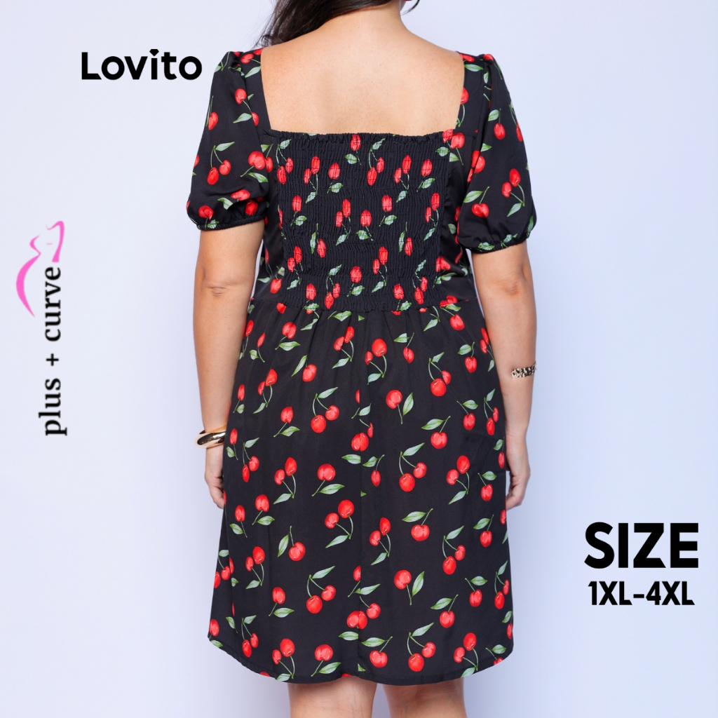 Detalhes do Lovito Vestido Plus Size Rodado Estampa Cereja Moda Curto Decote  Manga Bufante Feminino LB170BRL199