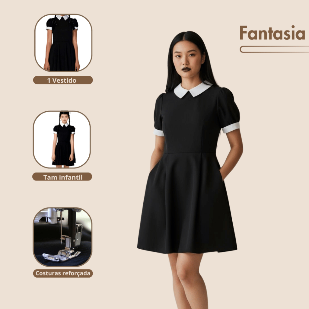 Fantasia Vestido Wandinha Familia Addams - Adulto-Infantil - Super Premium - Entrega Ultra Rápida