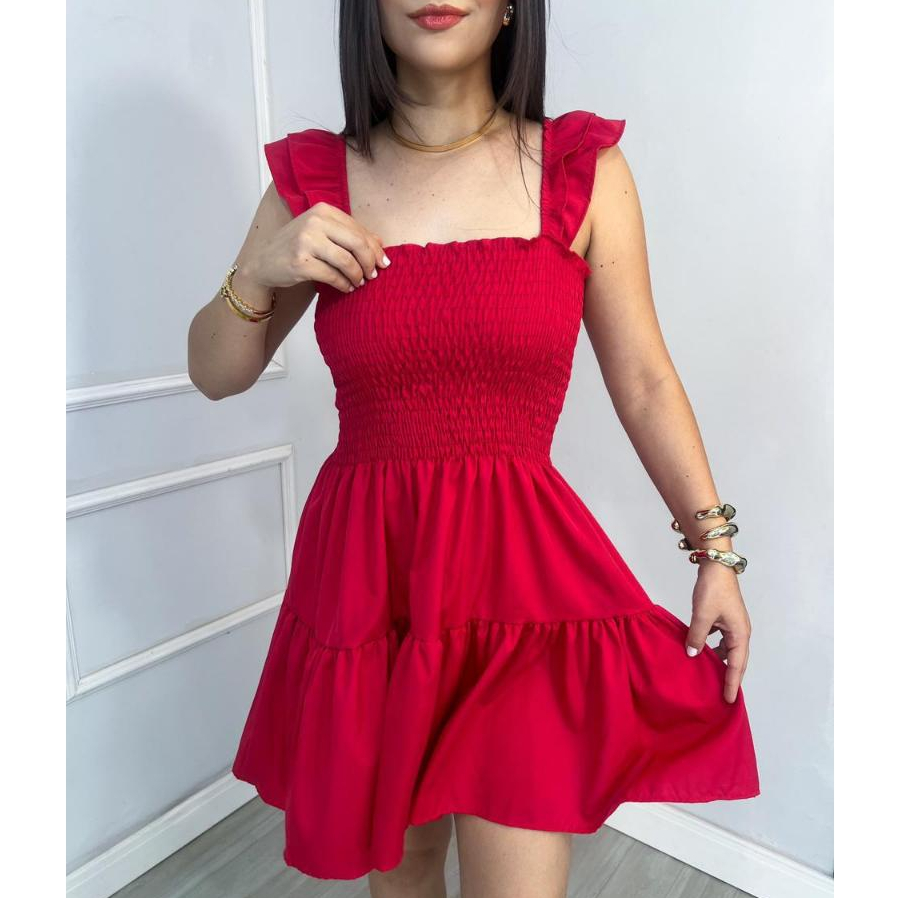 Vestido curto feminino alcinhas lastex com babado delicado em Oferta na Shopee