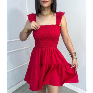 Vestido curto feminino alcinhas lastex com babado delicado em Oferta na Shopee
