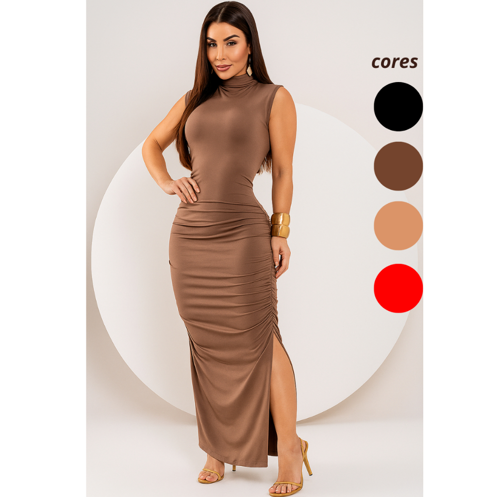 Vestido Longo Fenda Lateral Justo Assimetrico Suplex Moda Feminina Elegante em Oferta na Shopee