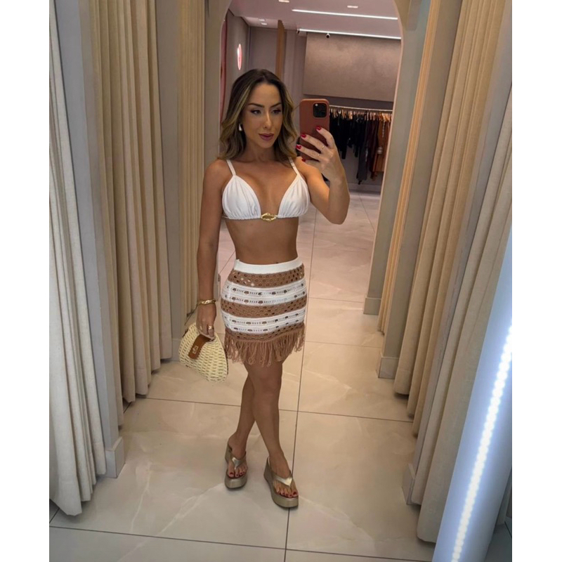 saida de praia franja saia crochê verão moda praia 2025  look praia calor saída de praia piscina
