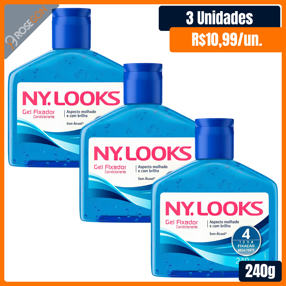 Kit Gel Fixador Ny Looks Fixação Mega Forte Azul 4 Sem Álcool 3 x 240g em Oferta na Shopee