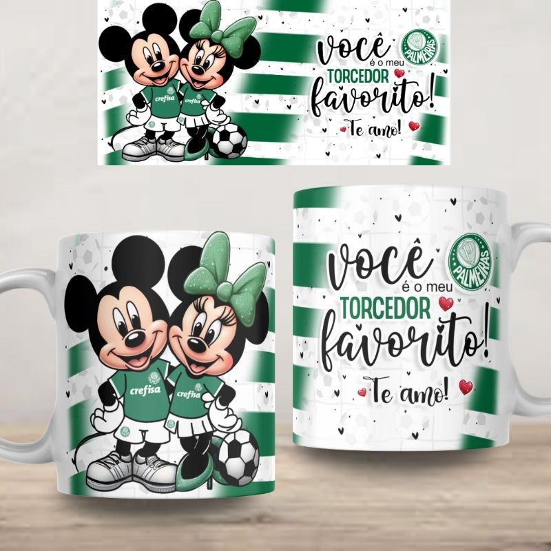 Caneca Personalizada Palmeiras Mickey e Minnie Dia dos Namorados Xícara 325ml Cerâmica Porcelana Presente Lembrança