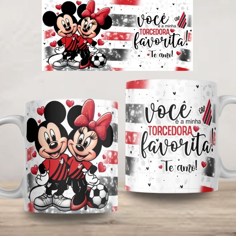 Caneca Personalizada Atlético Paranaense Mickey e Minnie Xícara 325ml Branca Cerâmica Porcelana Presente Lembrança