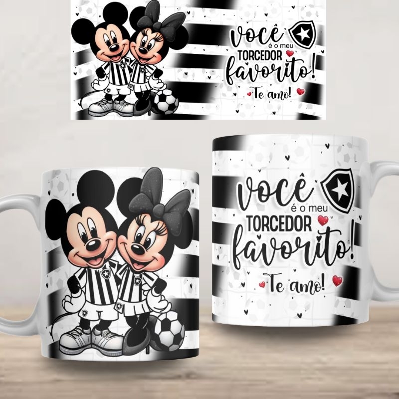 Caneca Personalizada Botafogo Mickey e Minnie Dia dos Namorados Xícara 325ml Cerâmica Porcelana Presente Lembrança