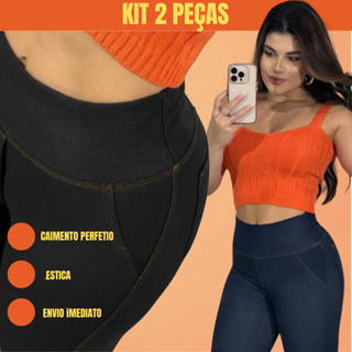 KIT 2 Calças Legging Cotton Imita Jeans Feminina Cintura Alta Modeladora Com Bolso Atrás em Oferta na Shopee