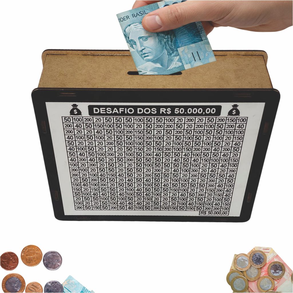 Cofre Cofrinho Desafio 50 mil Caixa de Dinheiro MDF / Método Japonês / Poupança / Depósitos Contador Pedagógico Presente