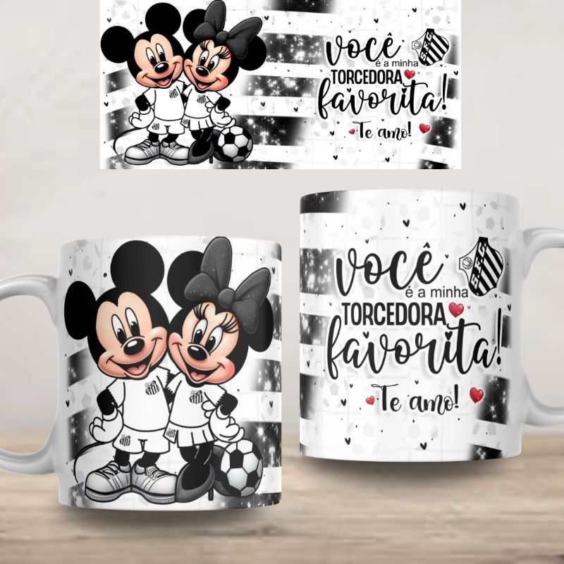 Caneca Personalizada Santos Mickey e Minnie Dia dos Namorados Xícara 325ml Branca Cerâmica Porcelana Presente Lembrança
