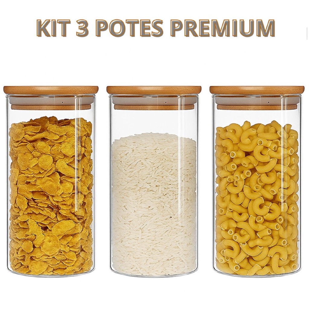 Kit 3 Potes de Vidro Hermético 1200ml Tampa Bambu Mantimento