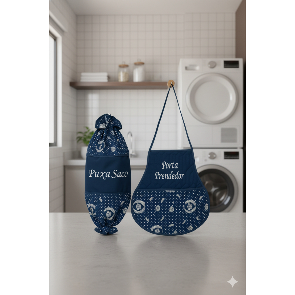 Organize sua Lavanderia – Kit Artesanal Porta Prendedor + Puxa Saco Bordado Estampado com Viés