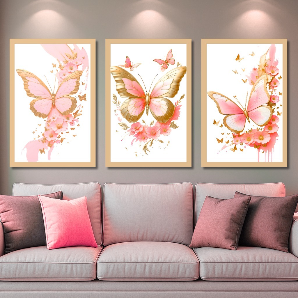 Quadros decorativos Borboletas Douradas Flores Sala Copa Área Sem Moldura Decoração Enfeitar 3 peças em Oferta na Shopee