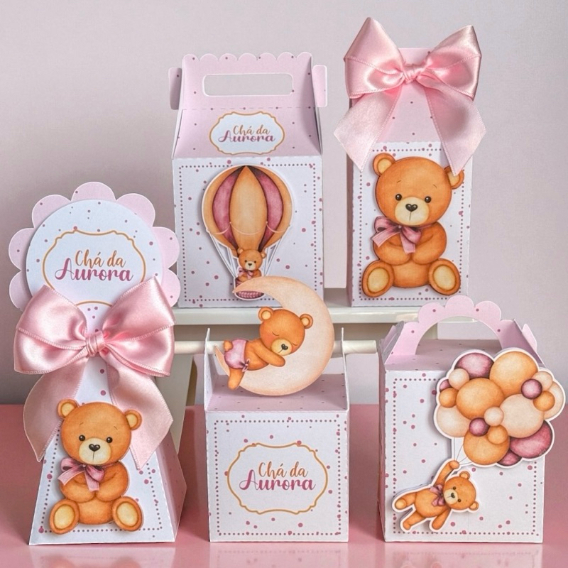 kit Chá de Bebê Rosa Ursinho Rosa | Cha  Revelação| Lembrancinhas |Caixinha Personalizada com nom