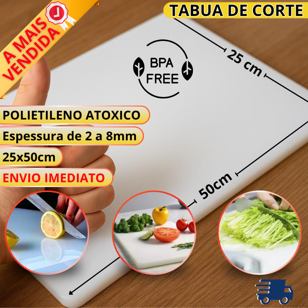 Tabua de Corte Profissional 25x50cm | 2mm Chapa de Polietileno PEAD Carnes Legumes Verduras s/ BPA