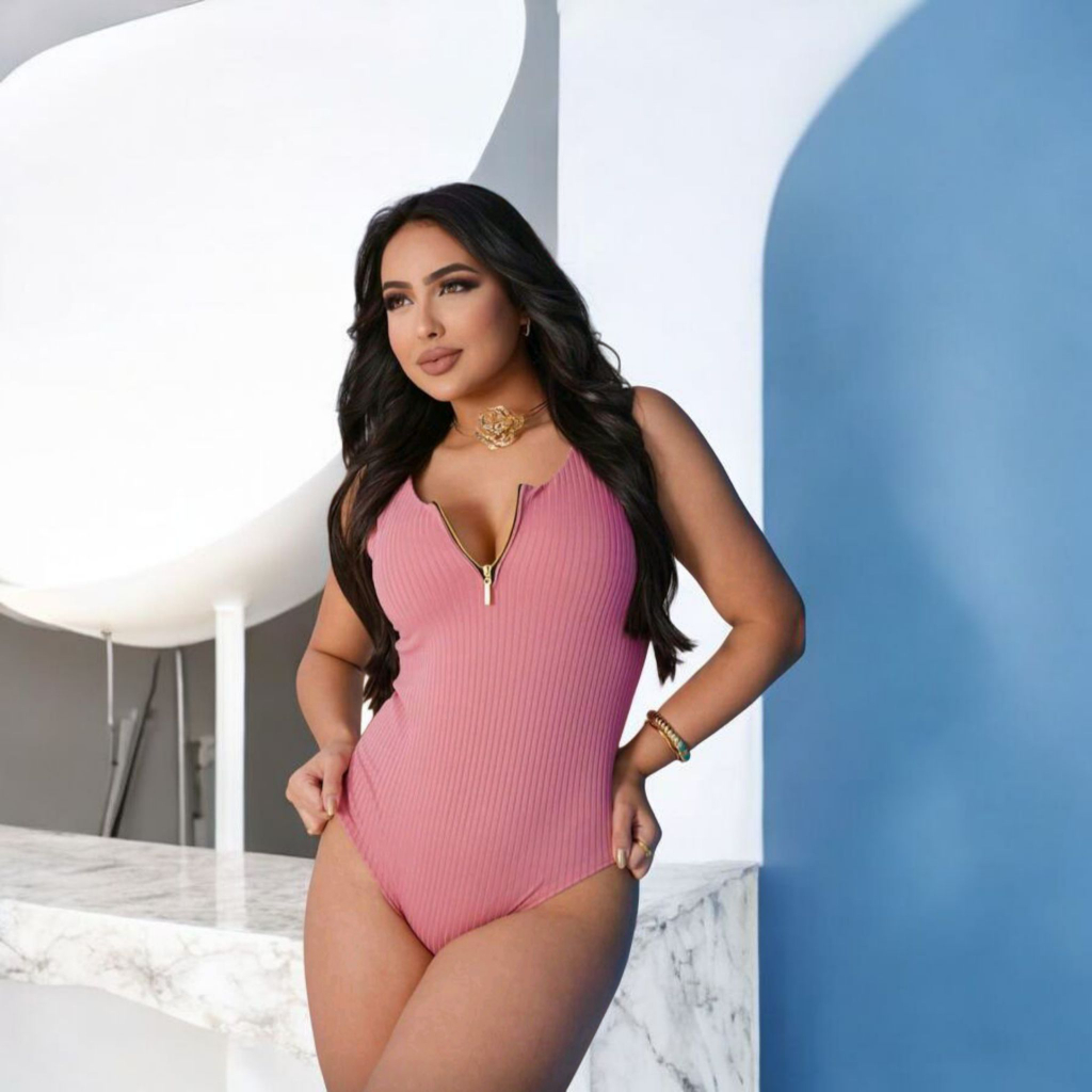 Body Feminino Canelado Alça Larga Zíper no Decote