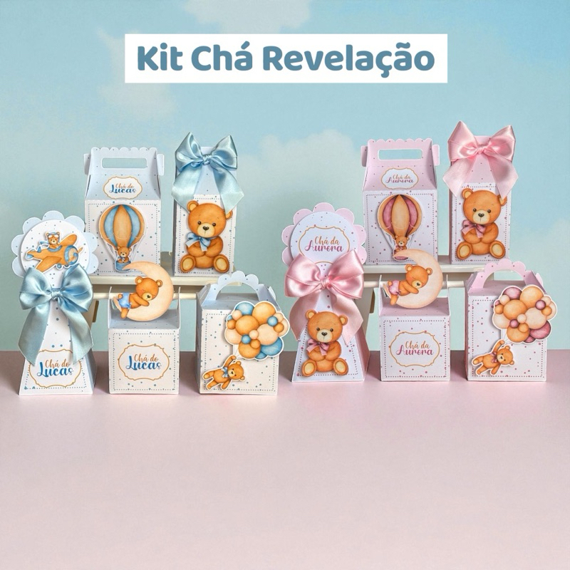 Kit Festa Chá Revelação Rosa e Azul-Ursinho -Chá de bebê-Personalizado | Lembrancinhas |Caixinha