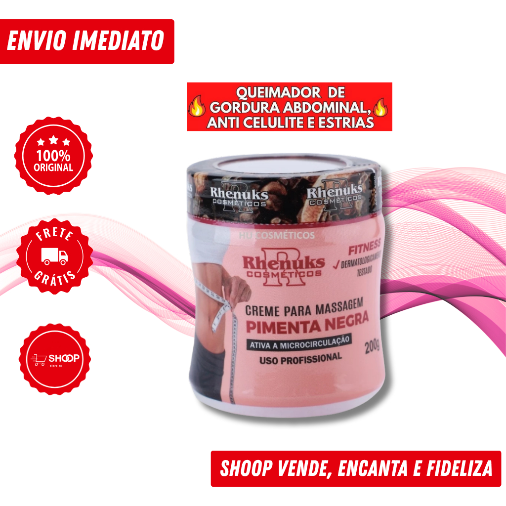 Creme de Massagem Pimenta Negra Rhenuks 200g | Redutor de Medidas | Anti Celulite e Estrias | Queima