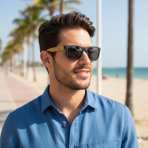 Vok Bold Óculos de Sol Masculino Polarizado – Lente Preta Com Proteção UVA UVB400, Hastes de Bambu, Original