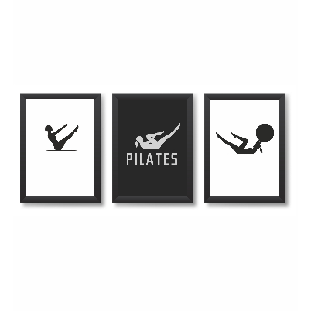 Kit 3 Quadros Decoratvos Pilates Estúdio Academia Molduras 20x30cm Madeira Vidro Cor Pretas