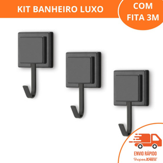 Kit 3 2 1 Gancho Cabide Suporte Porta Toalha Rosto de Parede Banheiro 3M Sem Furo Preto Black Arthi em Oferta na Shopee