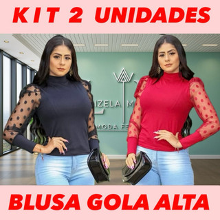 KIT 2 Blusa femenina canelada manga longa blusa gola alta casual plus size M ao GG