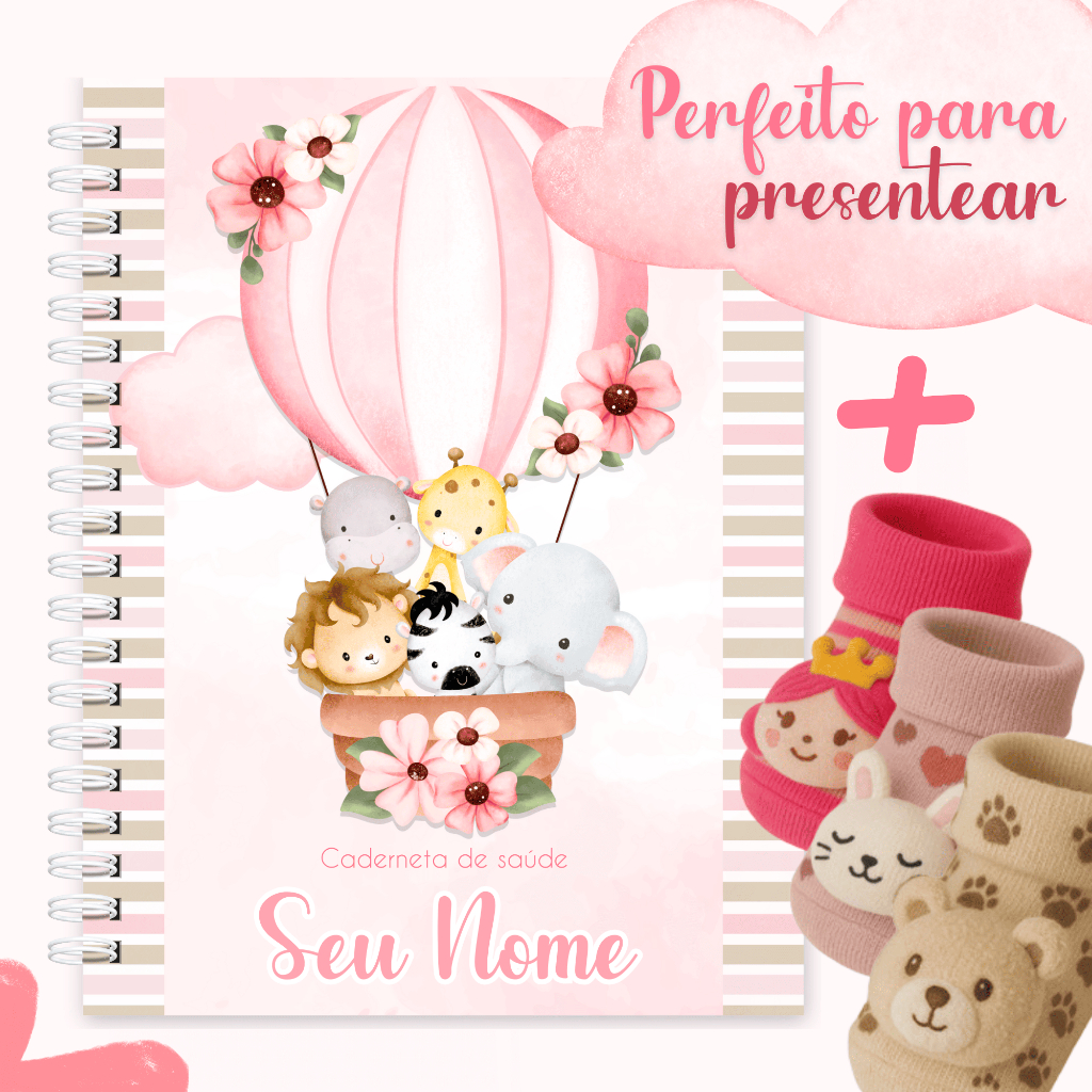Caderneta De Vacina/Vacinação/Saúde Menina Personalizada C/ Nome Atualizada - Safari Menina Rosa