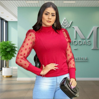 Blusa canelada gola alta manga longa tule bufante blusa feminina confortável