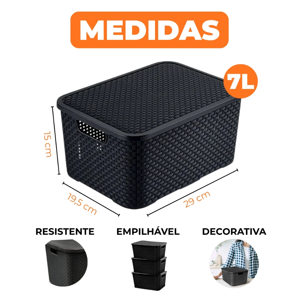 Kit 10 Caixas Cesto Organizadora Rattan 7 Litros Com Tampa Preto — imagem 2 de 2